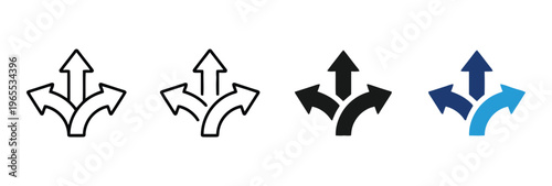 A collection of four different styles of three-way split arrow icons for website navigation design isolated on white background, Vector, illustration