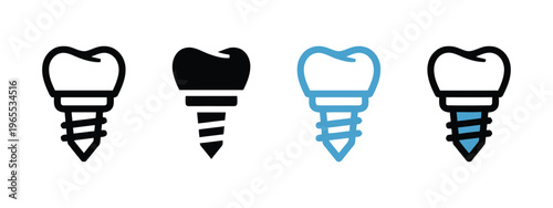 A set of four distinct dental implant icon variations presented in a simple and clean line style isolated on white background, Vector, illustration