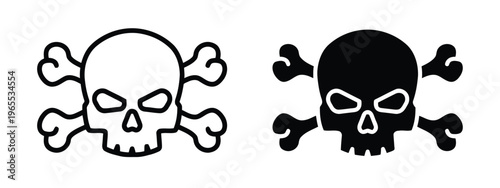 Two contrasting skull and crossbones icons featuring a white outline and a solid black design isolated on white background, Vector, illustration