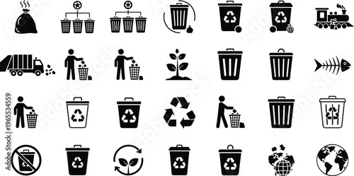 Recycling Vector Illustration Showing Trash Bin Garbage Truck Compost Plant Fish Skeleton and Globe