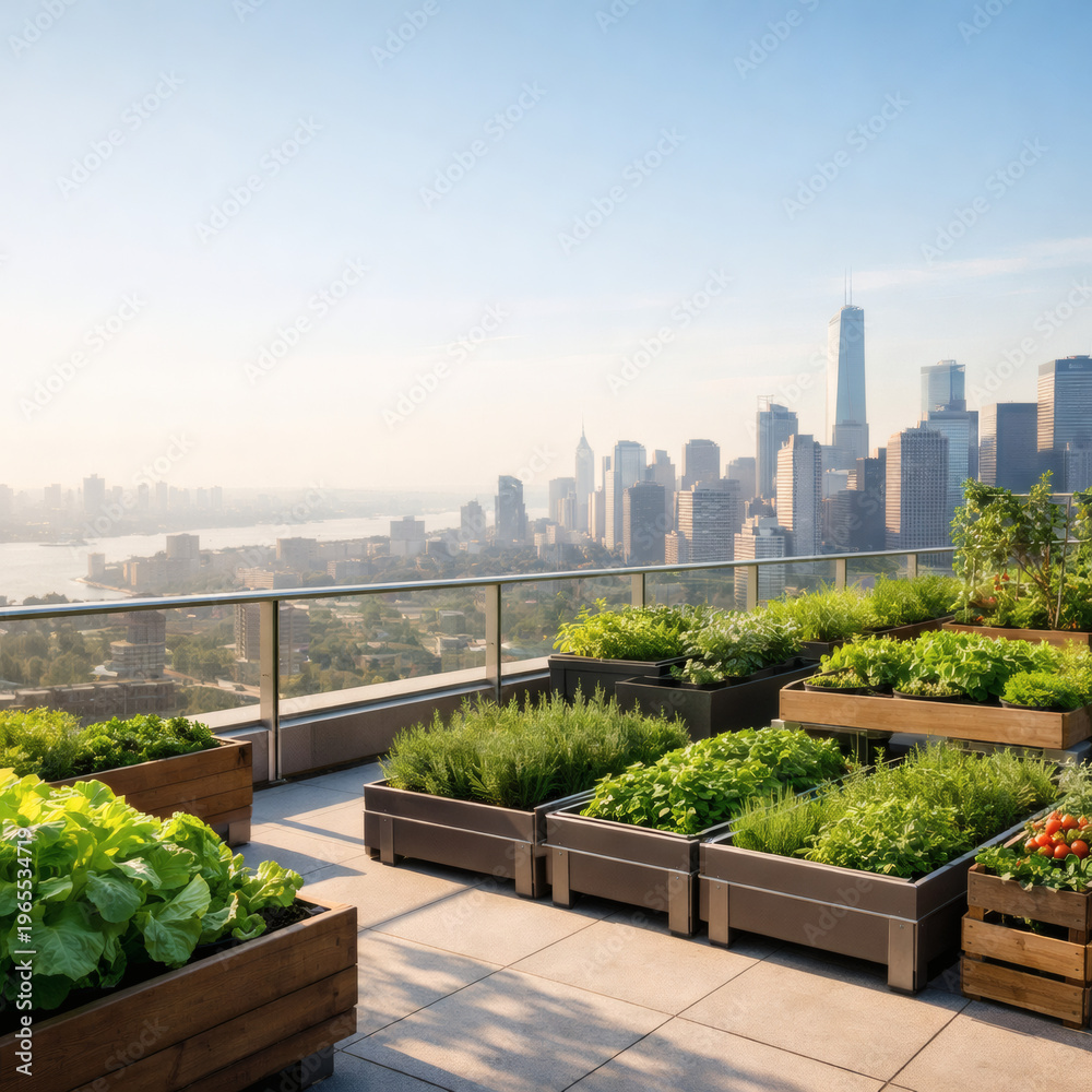 Fototapeta premium Rooftop Urban Garden and Green Terrace with City Skyline for Sustainable Lifestyle Advertising AI Generated Photo