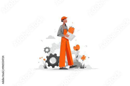 Young african male engineer in orange overalls with clipboard and gears