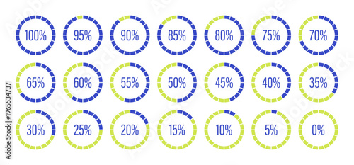 Blue and light green color fill pie chart indicators template. Round graph loading progress collection. Blue-green progress bars. Circle diagrams icons for infographics from 0 to 100 percent. Round pe