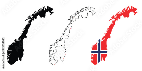 Three different artistic representations of the norwegian country map isolated on white background isolated on white background, Vector, illustration