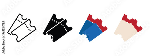 A collection of four different ticket icons displayed in outline solid and colorful variations. isolated on white background, Vector, illustration