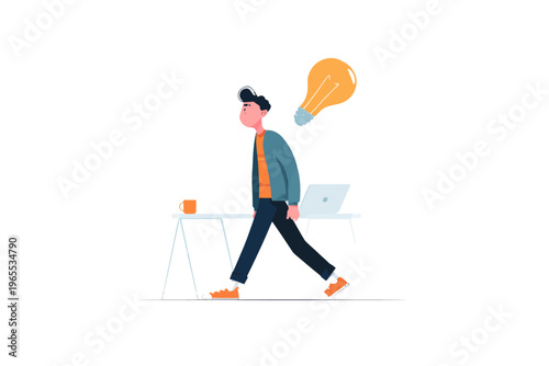 Young caucasian male with lightbulb thought concept walking in office setting