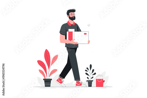 Young caucasian male delivering package in casual outfit with red accents