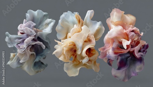 Three abstract shapes with flowing, translucent textures and pastel color blends against a gray backdrop