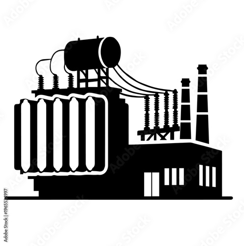 Heavy Industry Power Plant Silhouette Vector Illustration with Electrical Transformer Cooling Fins and Factory Chimneys for Energy Infrastructure Logo