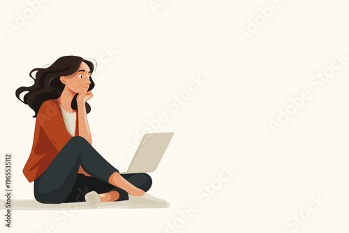 Young caucasian female using laptop in thoughtful pose on minimalist background