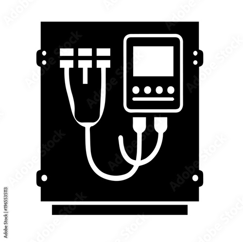 Industrial Electrical Control Box Silhouette Vector Icon with Digital Display and Wiring Connections for Automation System Interface Design