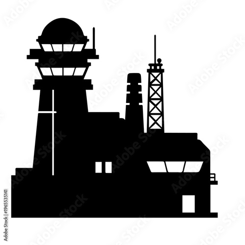 Modern Airport Control Tower and Industrial Facility Silhouette Vector Illustration for Aviation Infrastructure and Logistics Planning Design Template