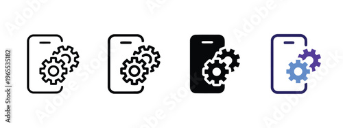 A set of four mobile phone icons featuring gear symbols representing technical setup and support isolated on white background, Vector, illustration