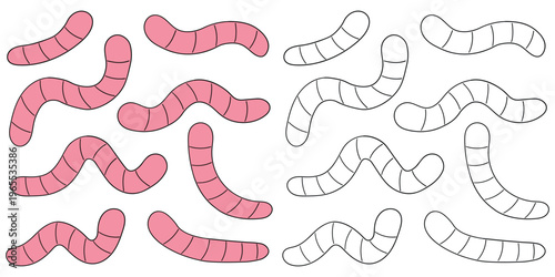 Hand-drawn cartoon and doodle set of worms on a white background.