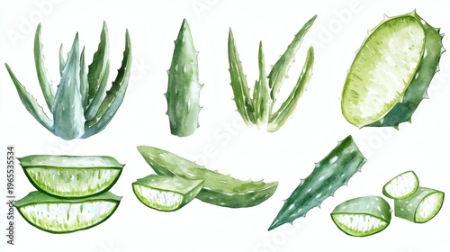 Watercolor illustration of whole aloe vera plant leaves and multiple sliced aloe vera segments arranged on white background, fresh green botanical composition.