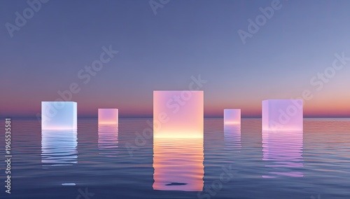Neon cubes floating serenely on calm water, reflecting a colorful sunset