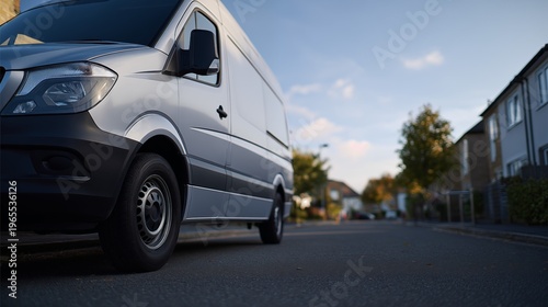 Low angle view of a silver delivery van parked on a quiet residential street