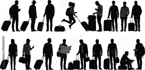Travelers with Luggage Silhouettes on White Background
