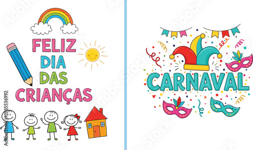 Colorful Brazilian Children’s Day and Carnival Celebration Vector Set with Cute Kids, Rainbow, Pencil, Masks and Festive Party Elements Illustration
