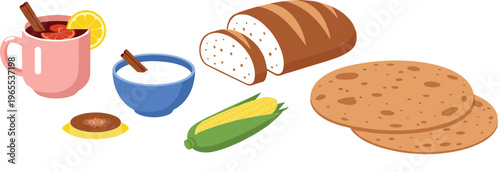 Flat food vector illustration set with bread roti corn tea and breakfast items in simple modern minimal style collection