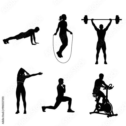 Black silhouettes of people performing various exercises and fitness activities on white background