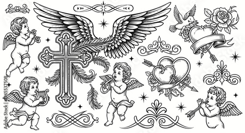 Cherub Angels, Cross, Hearts, Wings, Roses, Ornaments - Vintage Design Elements
