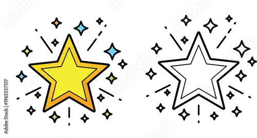 Sparkling Golden Star Icons for Achievement and Success, Vector Doodle Illustration of Shiny Magic Stars, Rating and Award Graphic Elements for Design Projects