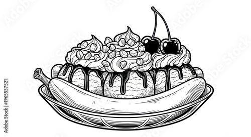 Classic Banana Split Dessert Illustration with Cherries and Chocolate Sauce