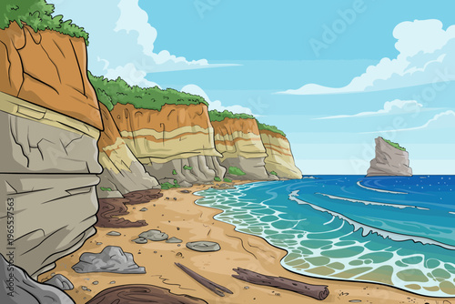 Cartoon illustration of beach with cliffs and ocean waves crashing on shore