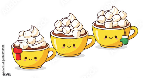 Cute Kawaii Hot Chocolate Cups with Marshmallows and Whipped Cream, Winter Drinks