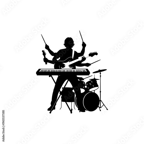 Silhouette of a musician playing multiple musical instruments at once in a studio