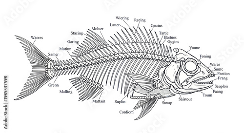 Detailed anatomical diagram of a fish skeleton with labels