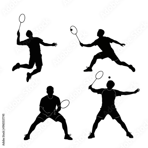 Four different badminton player silhouettes in action on a white background silhouette