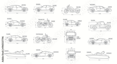 Vehicle Blueprints: Cars, Motorcycles, Trucks, and Boats with Dimensions