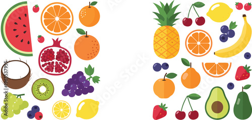Colorful fruit vector illustration set with citrus watermelon pineapple banana grapes avocado and berries flat design collection