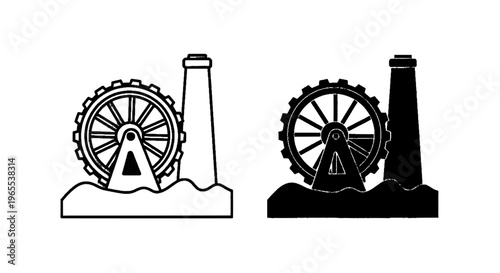 Vector illustration of industrial factory icon with gear wheel and chimney smokestack on a transparent background