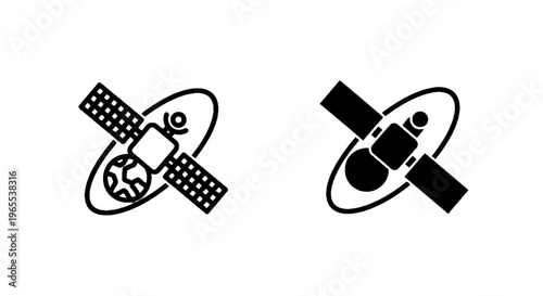 Vector illustration of satellite icons set, space technology and communication symbols on a transparent background