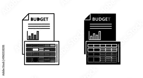 Vector illustration of budget document icon set with financial report and spreadsheet table on a transparent background