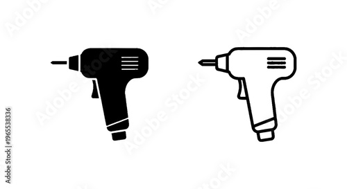 Vector illustration of set of power drill icons, solid and outline style for construction tools on a transparent background