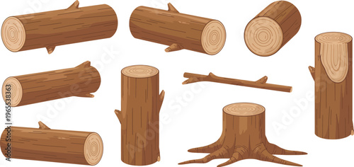 Cartoon wood timber object set featuring isolated wooden elements, logs, planks, and boards for construction, carpentry, and natural material design, vector illustration
