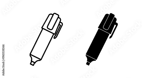 Vector illustration of set of highlighter pen icons, outline and solid style on a transparent background