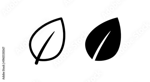 Vector illustration of set of two simple leaf icons, outline and solid black vector illustration on a transparent background