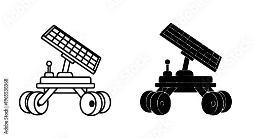 Vector illustration of mars rover icon set, space exploration vehicle with solar panels on a transparent background