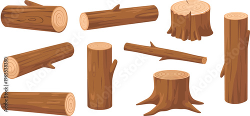 Cartoon wood timber object set featuring isolated wooden elements, logs, planks, and boards for construction, carpentry, and natural material design, vector illustration