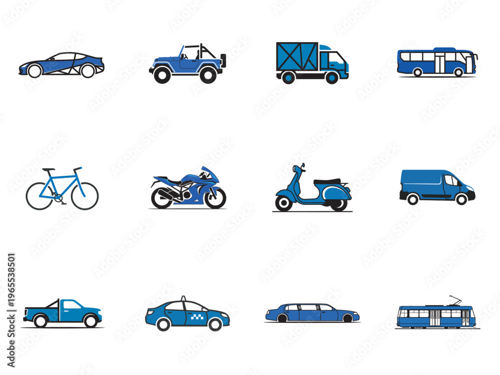 Naklejka premium flat design vector set of various transportation vehicles isolated on white background