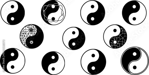 Vector set of black and white yin and yang symbols isolated on a white background.