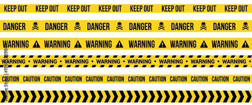 Set of six industrial safety warning tapes. Yellow and black strips with keep out danger caution warning text and skull triangle symbols for construction security barrier