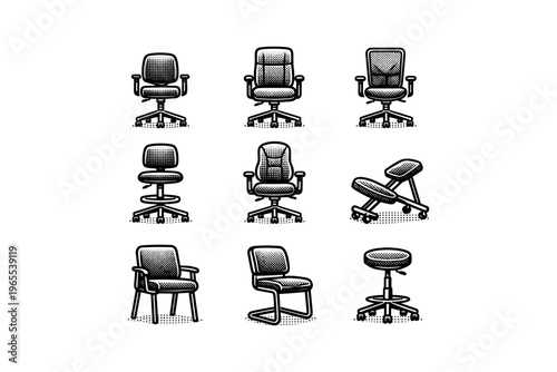 Collection of diverse office chairs and seating options in a graphic illustration style
