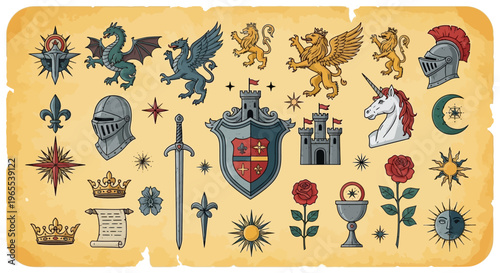 Heraldic Medieval Symbol Set with Dragons, Lions, Knight Helmets, Shields, and Mythical Creatures on Vintage Parchment Background