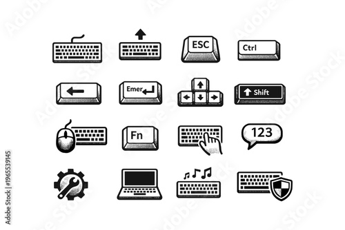 Collection of computer keyboard and mouse icons with various functions and symbols